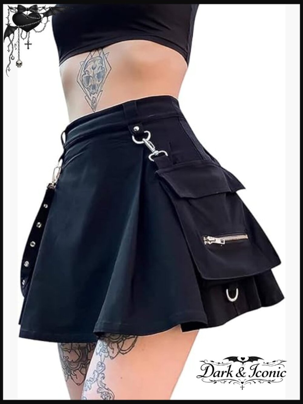 High Waisted Pleated Mini Skirt with Chain and Pocket